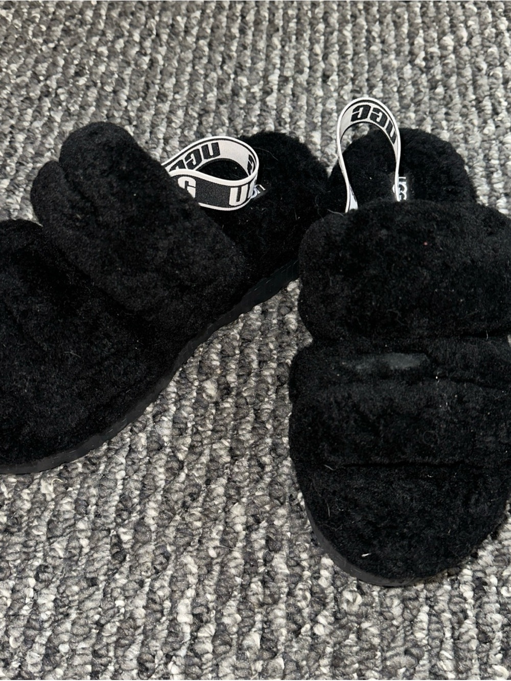 UGG Black Fuzzy Slide Espadrilles with Logo Heel Strap